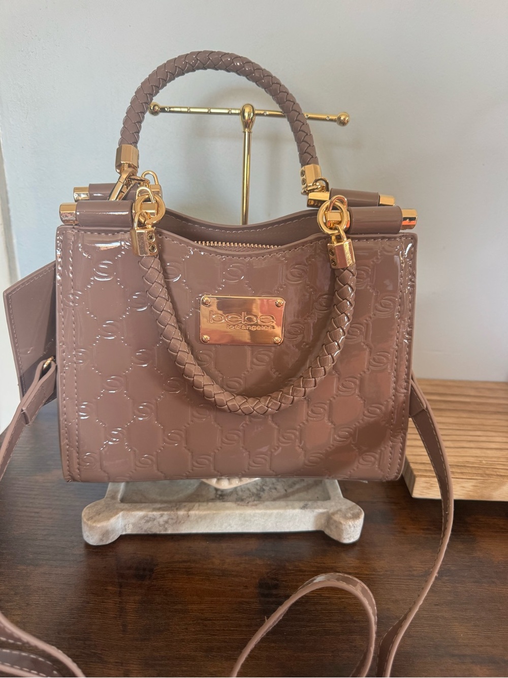 bebe Patent Satchel in Taupe Brown with Braided Handles